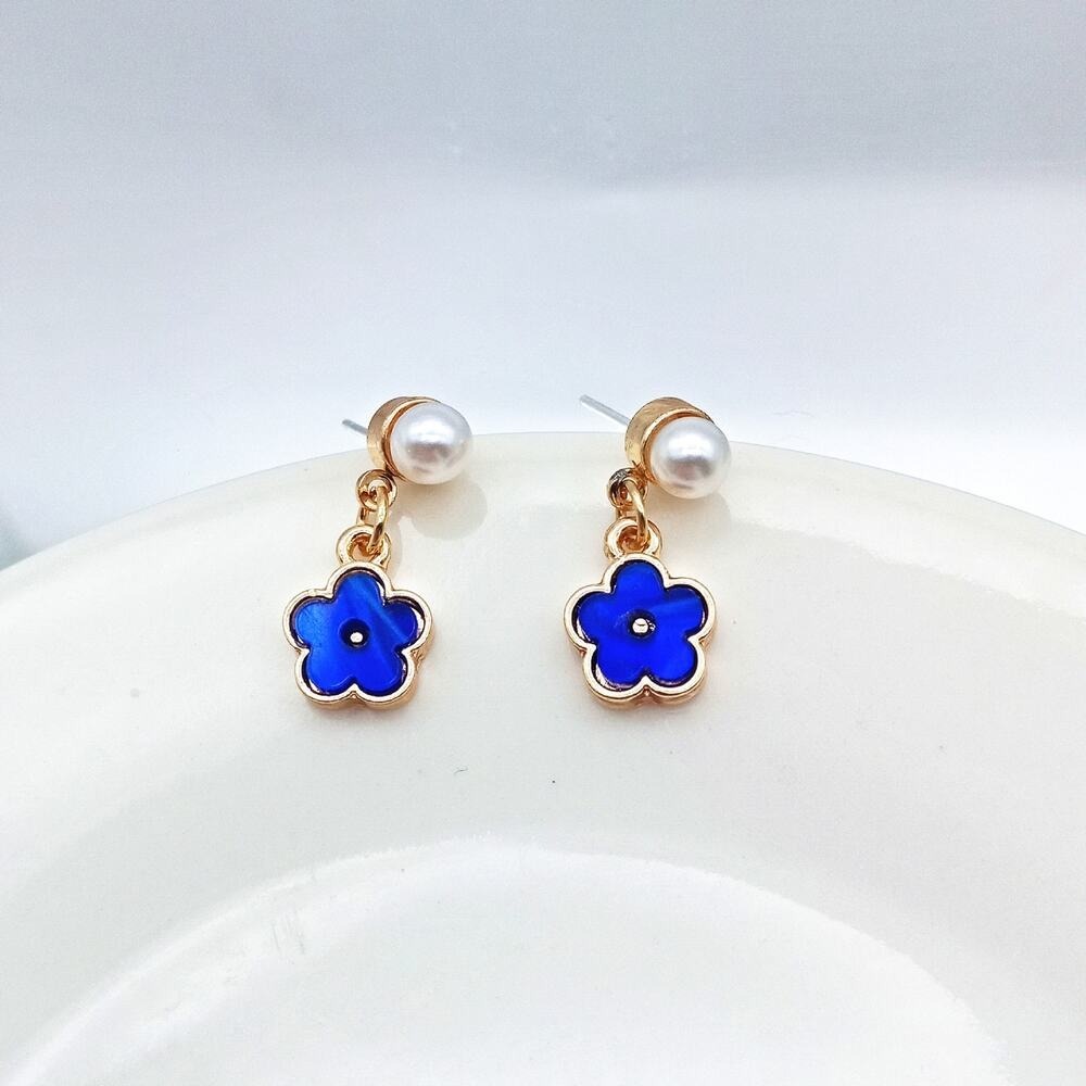 Fashion Flower Alloy Inlay Artificial Pearls Ear Studs Blue Boho Dangly Elegant